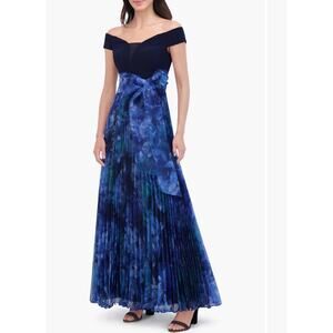 Eliza J Pleated Off-Shoulder Navy Gown - Size 18 (new)